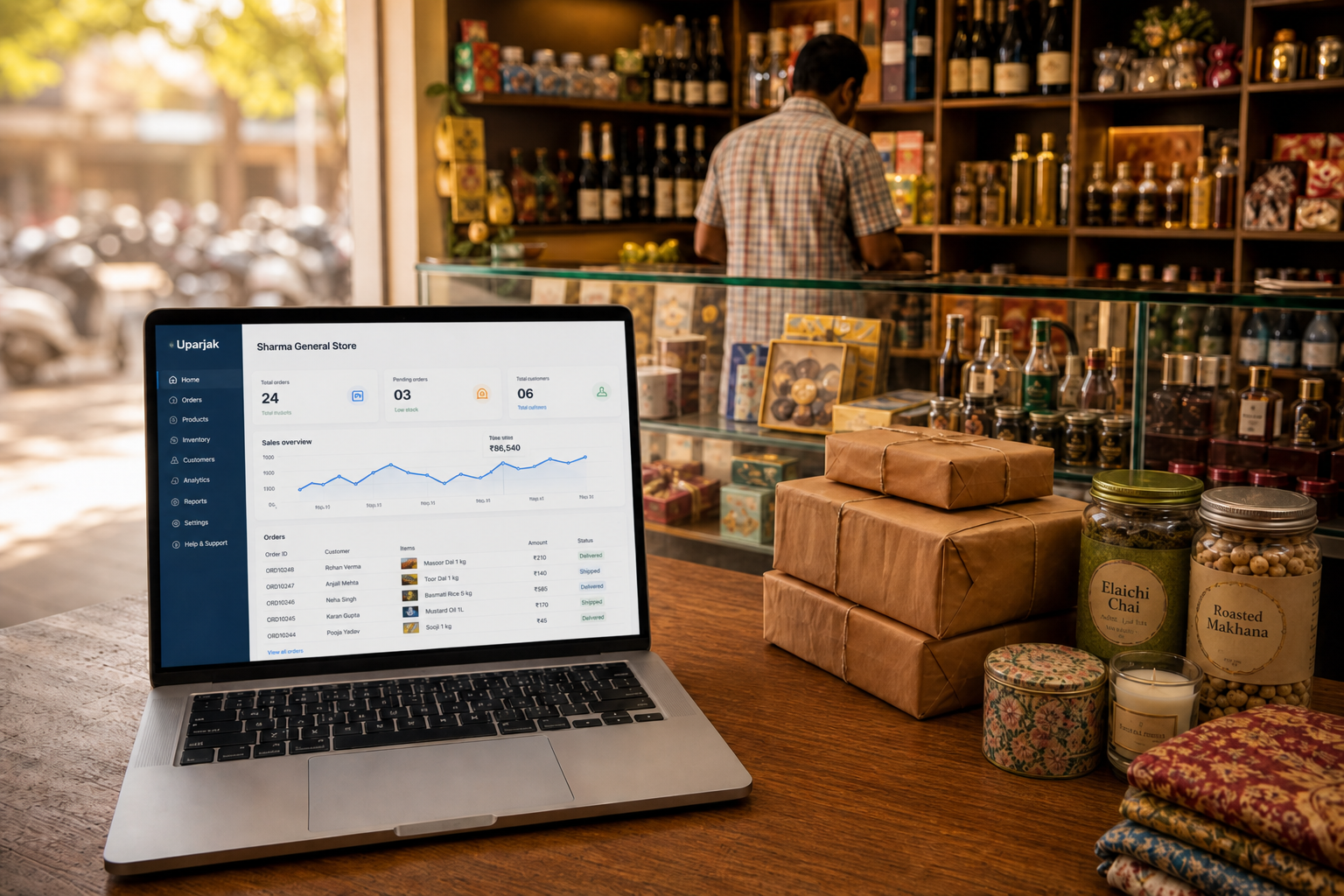 Shop counter with the Uparjak workspace open on a laptop